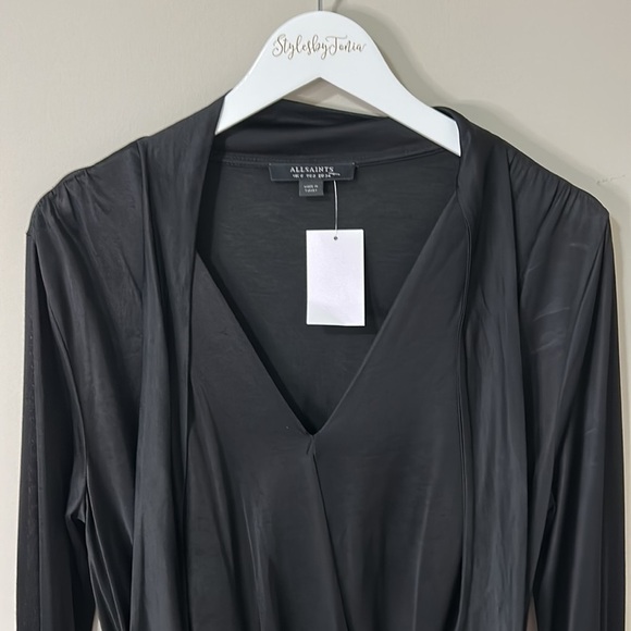 All Saints Penelope Tie Neck Bodysuit Loose Fit V-Neck Long Tie Sleeve Sz 2 NEW - Picture 5 of 14